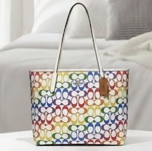 NEW Coach City Tote Bag In Rainbow Signature Canvas